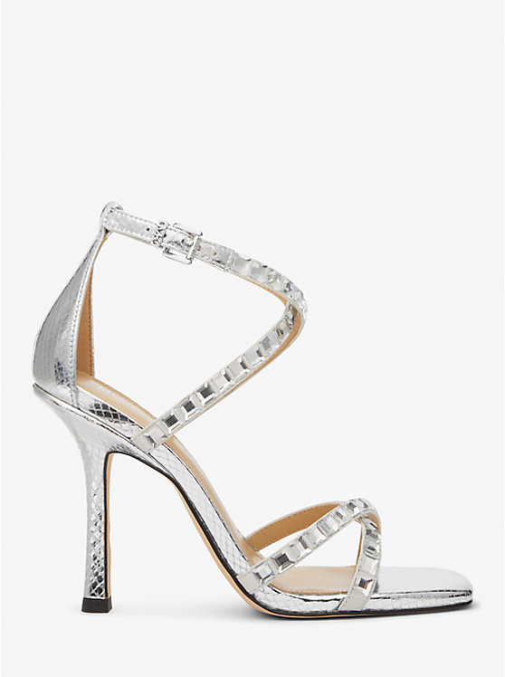 Michael Kors Celia Crystal Embellished Metallic Snake Embossed Women Sandals SILVER | USAILK1808