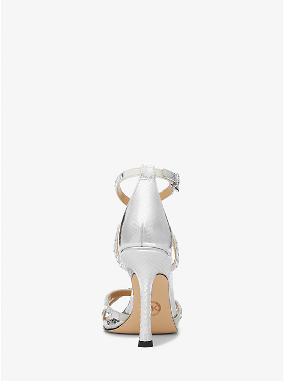 Michael Kors Celia Crystal Embellished Metallic Snake Embossed Women Sandals SILVER | USAILK1808