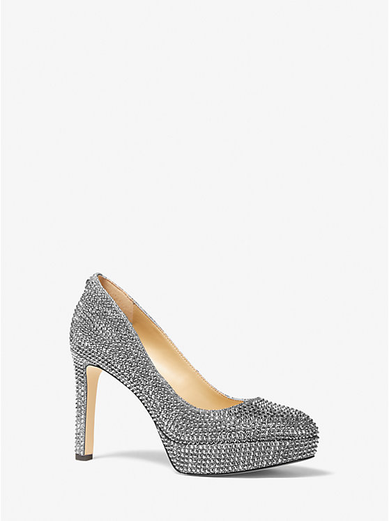 Michael Kors Chantal Embellished Glitter Chain-Mesh Platform Women Pumps ANTHRACITE | USANWE1739