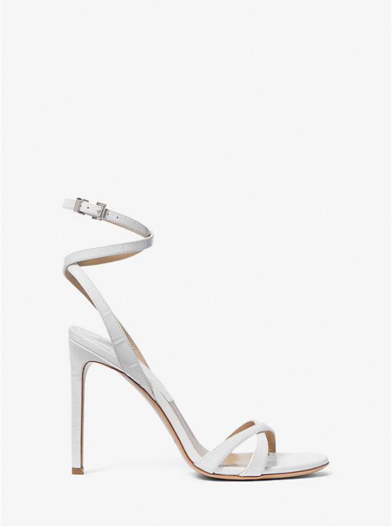 Michael Kors Chrissy Crocodile Embossed Leather Sandal Women Heels OPTIC WHITE | USAAHD1722