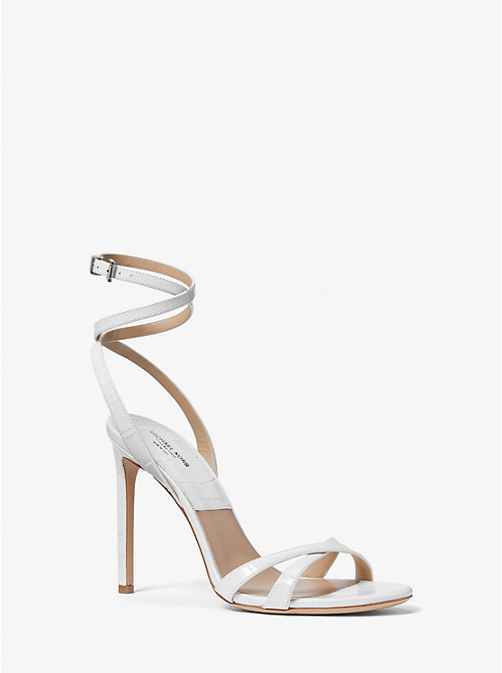 Michael Kors Chrissy Crocodile Embossed Leather Sandal Women Heels OPTIC WHITE | USAAHD1722