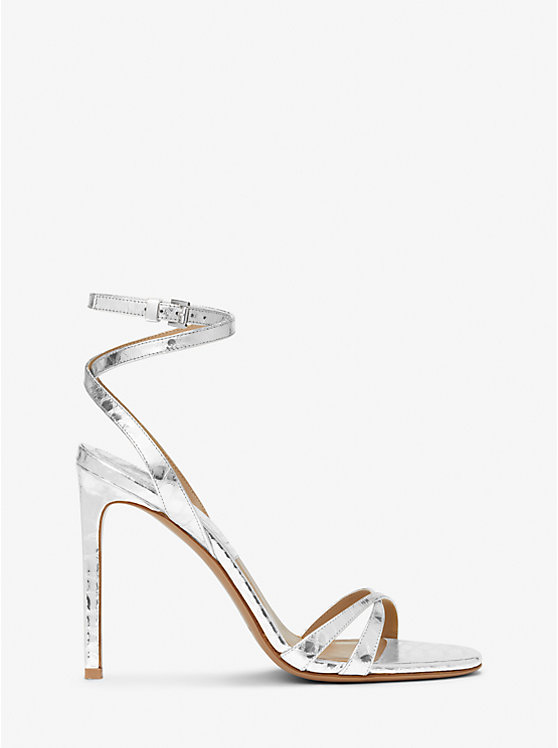 Michael Kors Chrissy Metallic Python Embossed Leather Women Sandals SILVER | USAQMM1816