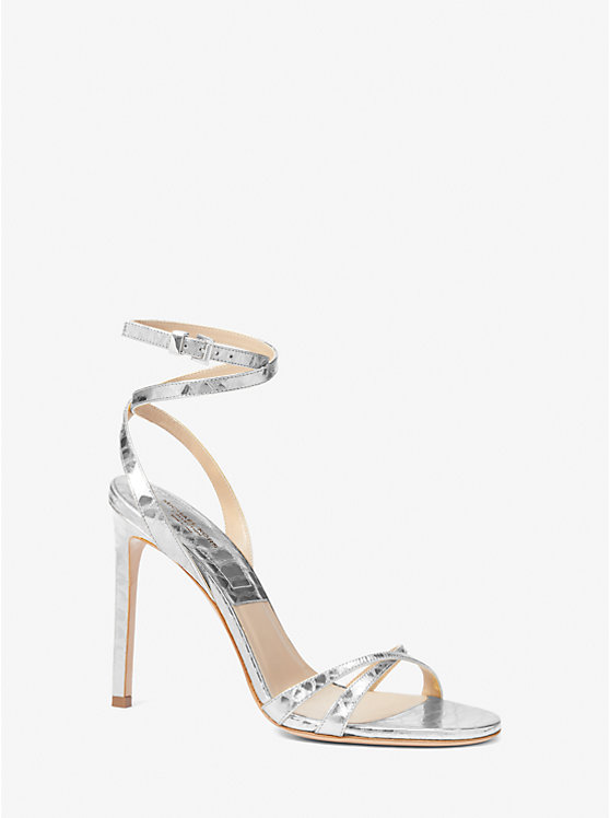 Michael Kors Chrissy Metallic Python Embossed Leather Women Sandals SILVER | USAQMM1816