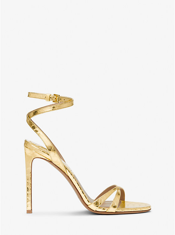 Michael Kors Chrissy Metallic Python Embossed Leather Women Sandals GOLD | USAWNM1817