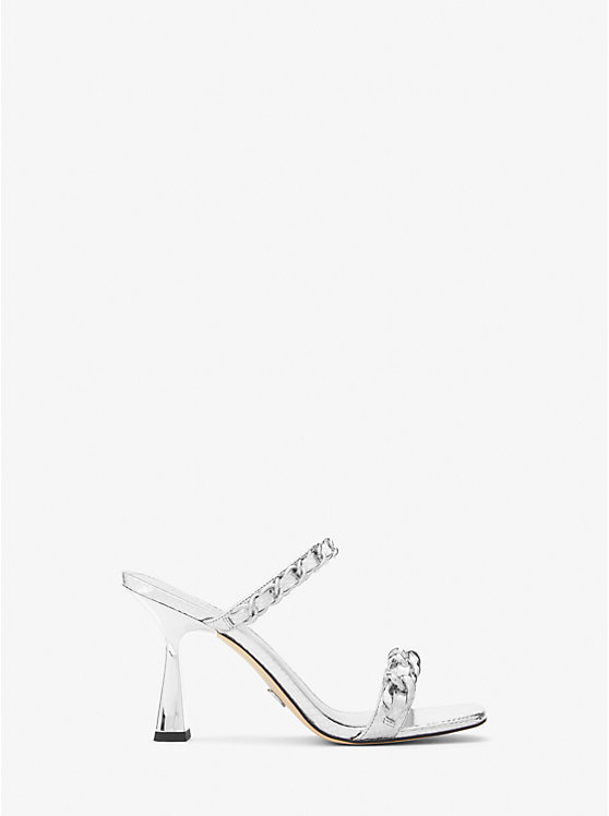 Michael Kors Clara Embellished Metallic Snake Embossed Leather Women Sandals SILVER | USAUZT1822