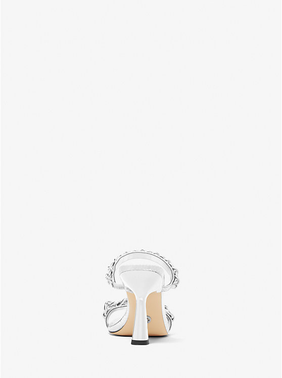 Michael Kors Clara Embellished Metallic Snake Embossed Leather Women Sandals SILVER | USAUZT1822