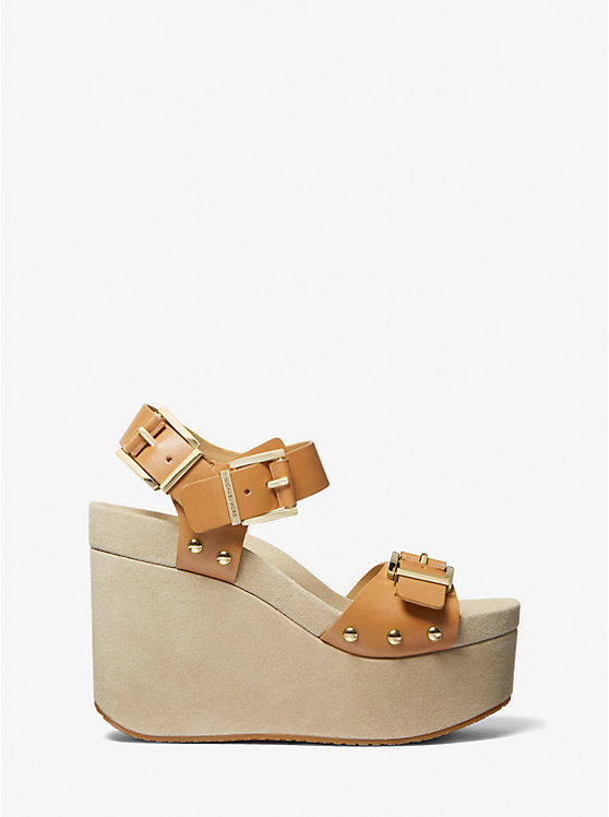 Michael Kors Colby Leather Wedge Women Sandals PALE PEANUT | USAXYL1836