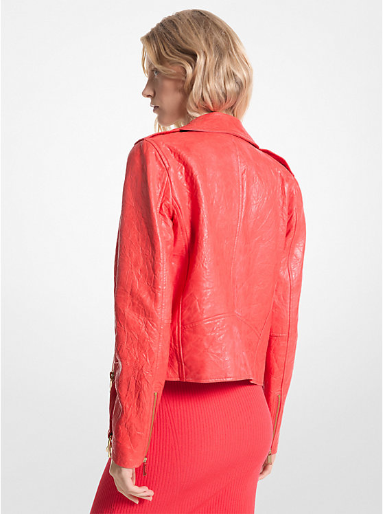 Michael Kors Crinkled Leather Moto Women Jacket CORAL | USADFW1360