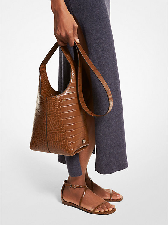 Michael Kors Dede Mini Crocodile Embossed Leather Hobo Women Shoulder Bag CHESTNUT | USATCM1196