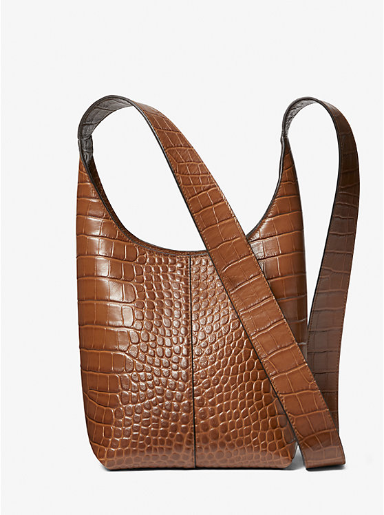 Michael Kors Dede Mini Crocodile Embossed Leather Hobo Women Shoulder Bag CHESTNUT | USATCM1196