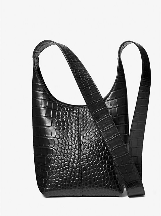 Michael Kors Dede Mini Crocodile Embossed Leather Hobo Women Shoulder Bag BLACK | USAYXQ1197