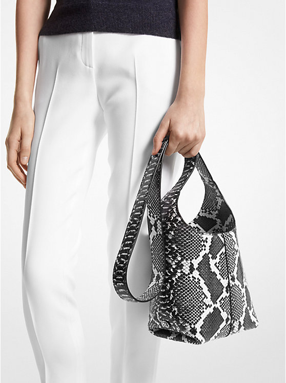 Michael Kors Dede Mini Python Embossed Leather Hobo Women Shoulder Bag BLACK/WHITE | USASGU1203