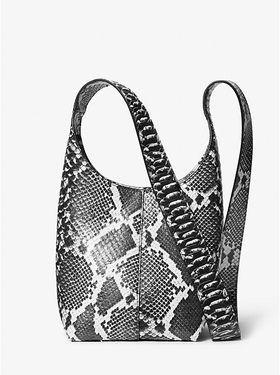 Michael Kors Dede Mini Python Embossed Leather Hobo Women Shoulder Bag BLACK/WHITE | USASGU1203