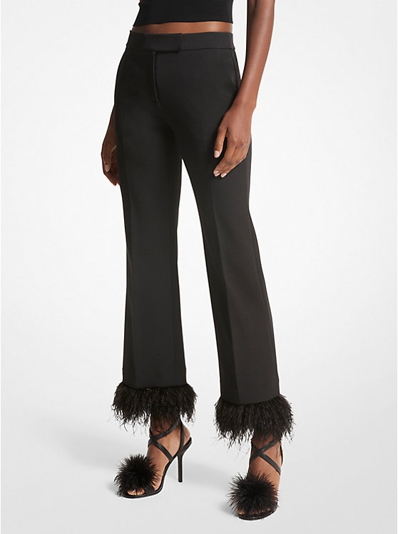 Michael Kors Detachable Feather Trim Stretch Crepe Women Pants BLACK | USALIX1433