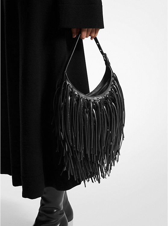 Michael Kors Dyan Small Fringed Leather Women Shoulder Bag BLACK | USADFI1204