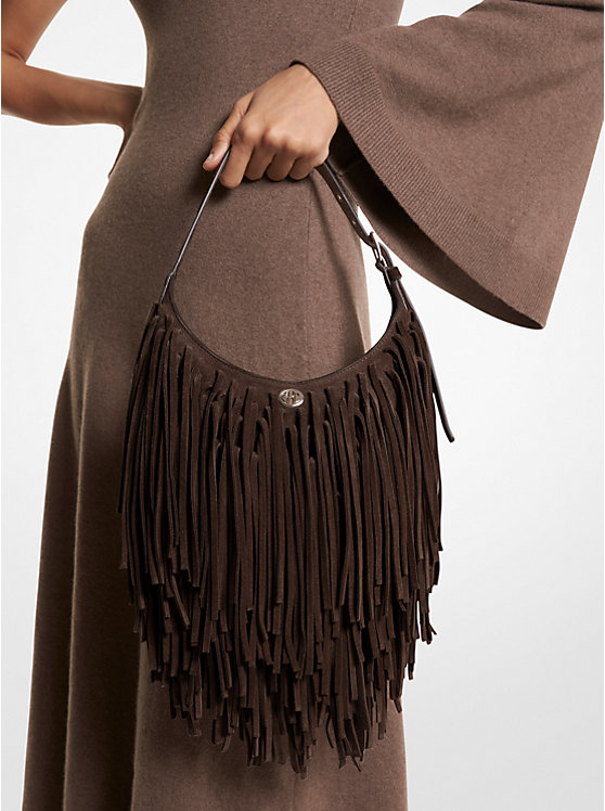 Michael Kors Dyan Small Fringed Suede Women Shoulder Bag CHOCOLATE | USAFDO1205