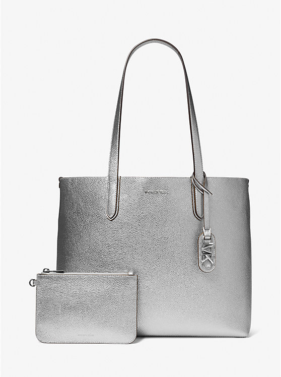 Michael Kors Eliza Extra-Large Metallic Pebbled Leather Reversible Women Tote Bag SILVER | USATCN1248