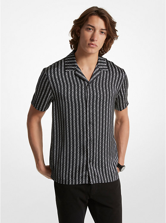 Michael Kors Empire Logo Striped Woven Camp Men Shirt BLACK | USAHAX2216