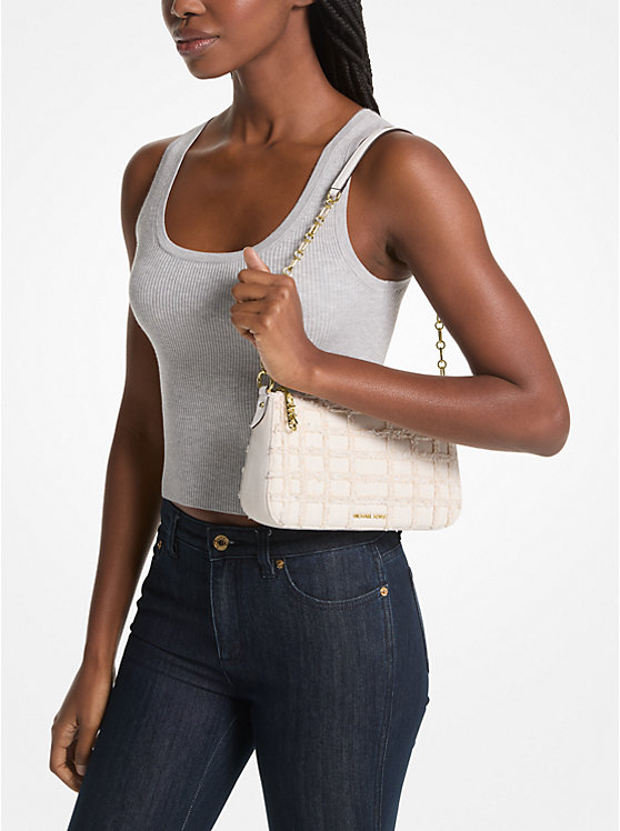 Michael Kors Empire Medium Frayed Denim Chain-Link Pochette Women Shoulder Bag OPTIC WHITE | USAKOD1209