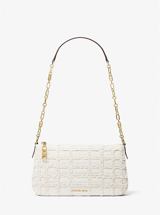 Michael Kors Empire Medium Frayed Denim Chain-Link Pochette Women Shoulder Bag OPTIC WHITE | USAKOD1209