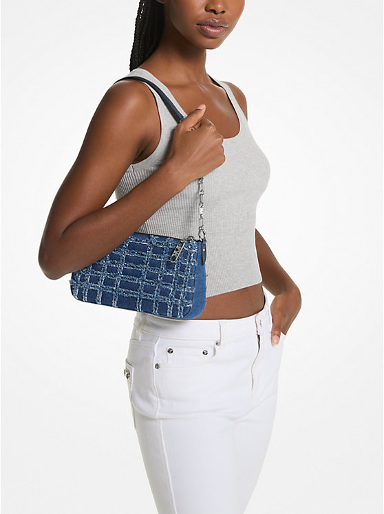 Michael Kors Empire Medium Frayed Denim Chain-Link Pochette Women Shoulder Bag DENIM | USALIF1210