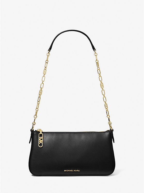 Michael Kors Empire Medium Leather Chain-Link Pochette Women Shoulder Bag BLACK | USAZUG1211