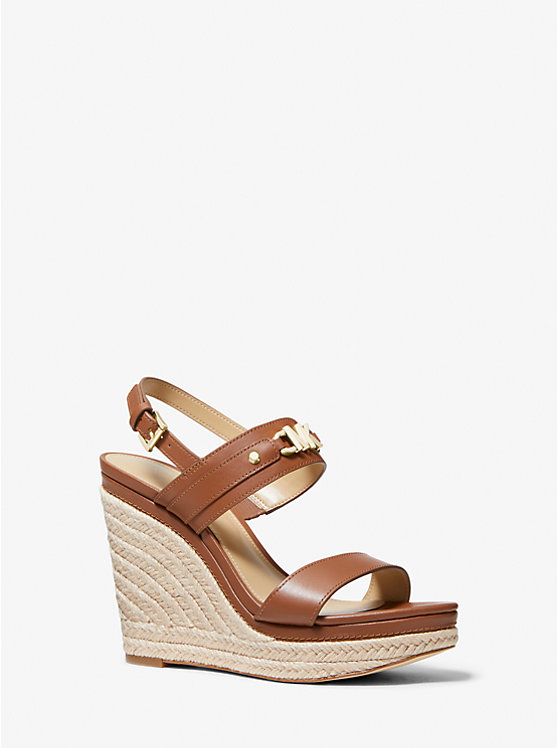 Michael Kors Farrah Leather Wedge Women Sandals LUGGAGE | USAYXK1862