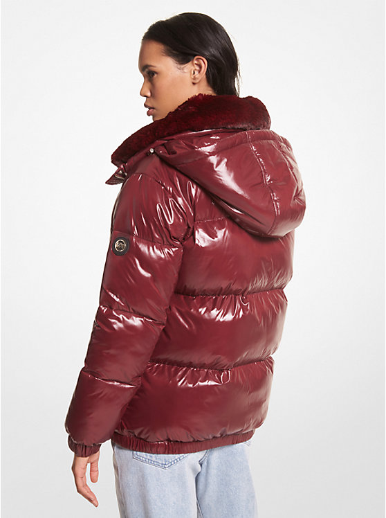 Michael Kors Faux Fur-Trim Quilted Nylon Puffer Women Jacket MERLOT | USAMQG1373