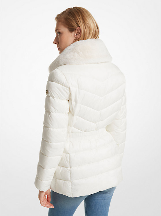 Michael Kors Faux Fur Trim Quilted Nylon Packable Puffer Women Jacket BONE | USAVRS1370