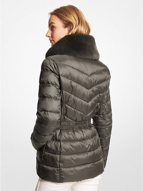 Michael Kors Faux Fur Trim Quilted Nylon Packable Puffer Women Jacket OLIVE COMBO | USABED1371