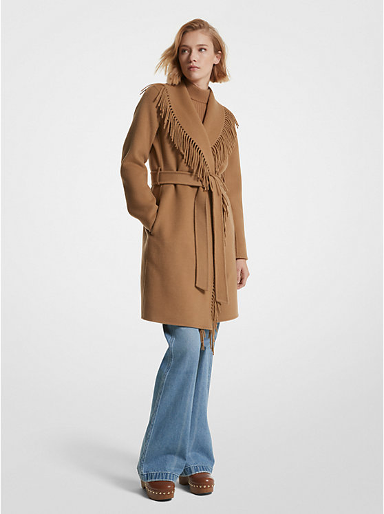 Michael Kors Fringe Wool Blend Belted Coat Women Jacket DARK CAMEL | USAXYX1379