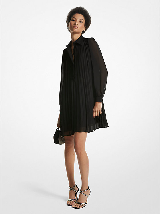 Michael Kors Georgette Pleated Shirt Women Dress BLACK | USAQML1296