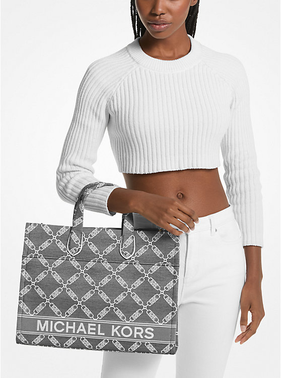 Michael Kors Gigi Large Empire Logo Jacquard Women Tote Bag BLACK/WHITE | USAOKW1252