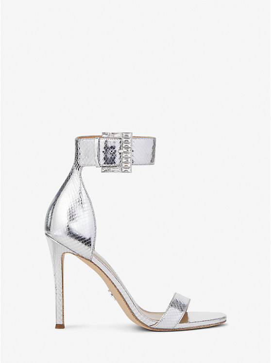 Michael Kors Giselle Metallic Snake Embossed Leather Women Sandals SILVER | USAQMB1868