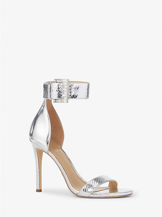 Michael Kors Giselle Metallic Snake Embossed Leather Women Sandals SILVER | USAQMB1868