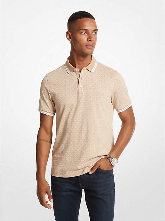 Michael Kors Greenwich Logo Print Cotton Jersey Men Polo Shirt KHAKI | USAMQA2206