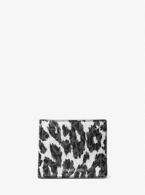 Michael Kors Hudson Leopard Logo Billfold Men Wallet Black Aluminum | USAJPC2163