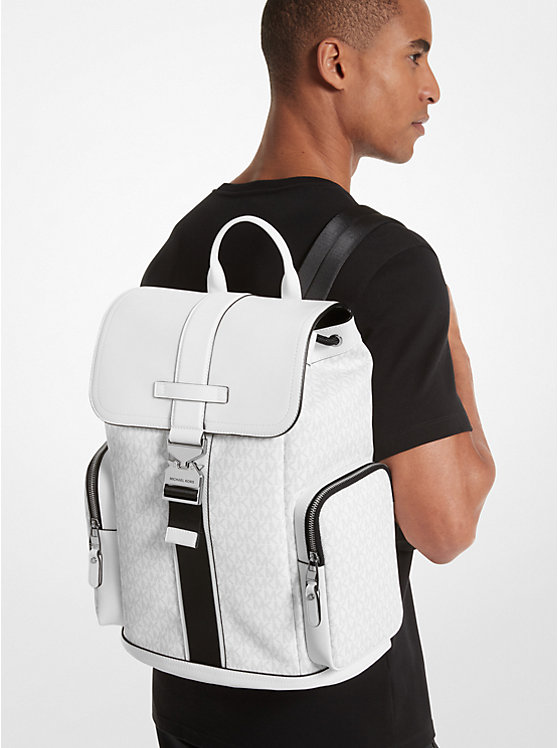 Michael Kors Hudson Signature Logo and Leather Cargo Men Backpack BRIGHT WHT | USANWD2100