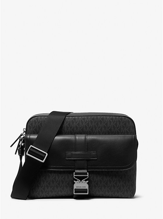 Michael Kors Hudson Signature Logo and Leather Camera Men Crossbody Bag BLACK | USAOKT2119