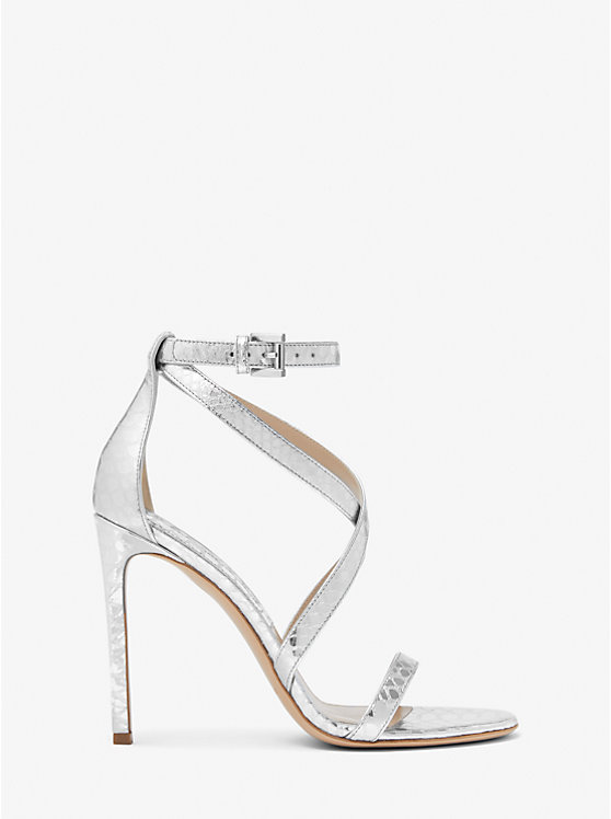 Michael Kors Ingrid Metallic Python Embossed Leather Women Sandals SHINY SILVER | USAPJY1877