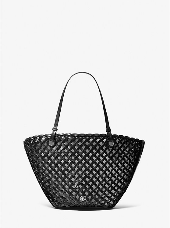 Michael Kors Isabella Medium Hand-Woven Leather Women Tote Bag BLACK | USAFDU1257