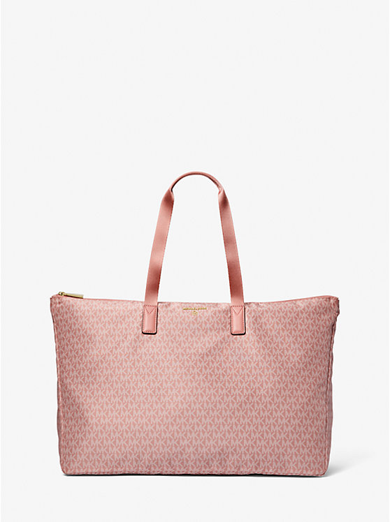 Michael Kors Jet Set Travel Large Signature Logo Print Woven Women Tote Bag SUNSET ROSE | USAGSI1258