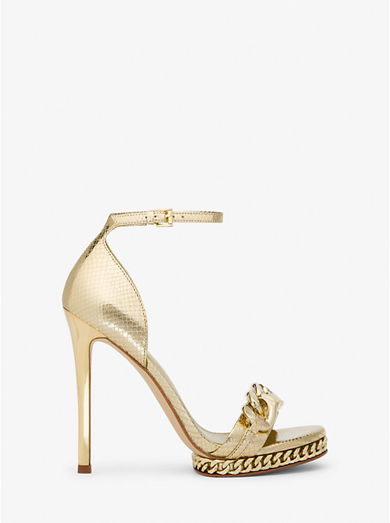 Michael Kors Jordyn Embellished Metallic Snake Embossed Leather Platform Women Sandals PALE GOLD | USABEZ1891