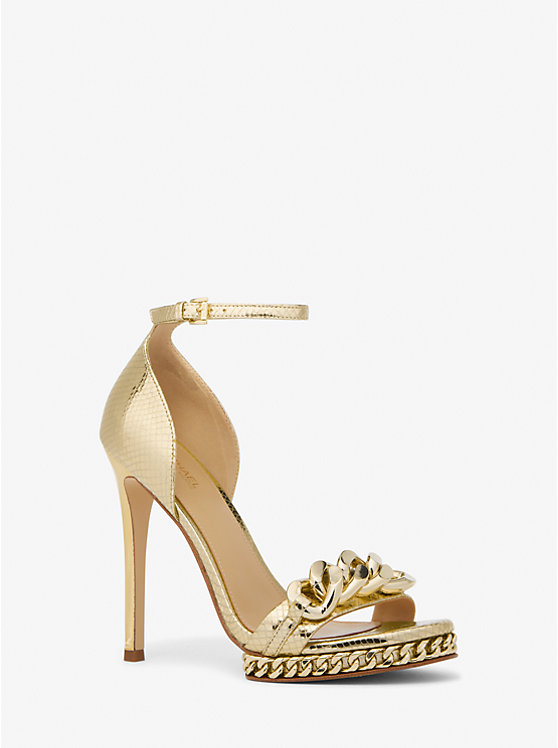 Michael Kors Jordyn Embellished Metallic Snake Embossed Leather Platform Women Sandals PALE GOLD | USABEZ1891