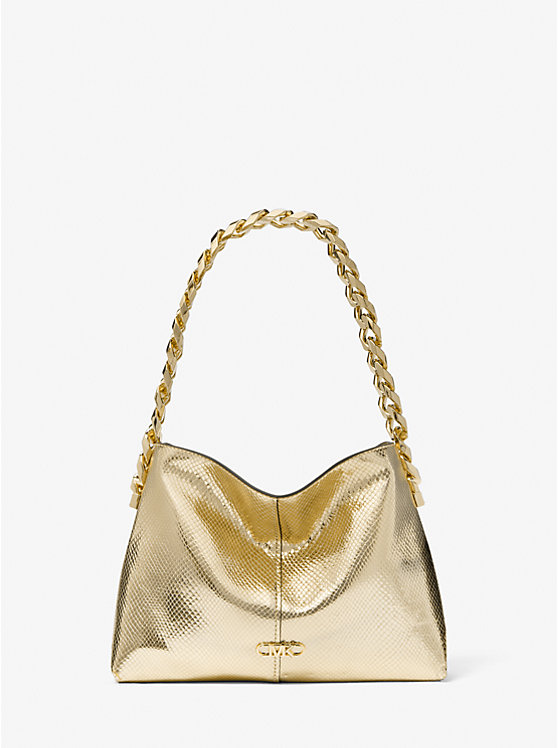 Michael Kors Jordyn Small Metallic Snake Embossed Leather Women Shoulder Bag PALE GOLD | USAVRN1221