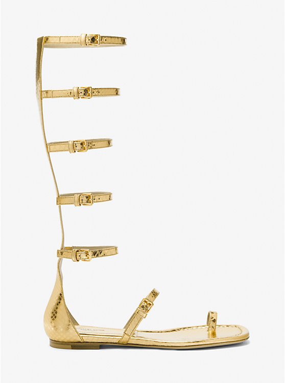 Michael Kors Juliette Metallic Python Embossed Leather Gladiator Women Flats GOLD | USAXYO1691