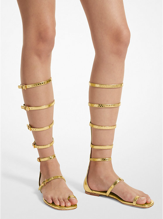 Michael Kors Juliette Metallic Python Embossed Leather Gladiator Women Flats GOLD | USAXYO1691