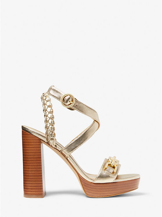 Michael Kors Kailey Logo Embellished Metallic Platform Women Sandals PALE GOLD | USACTM1898