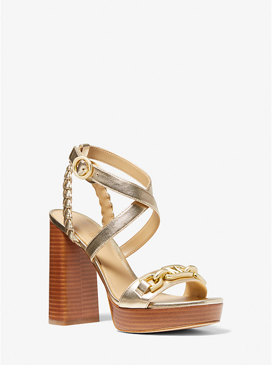 Michael Kors Kailey Logo Embellished Metallic Platform Women Sandals PALE GOLD | USACTM1898