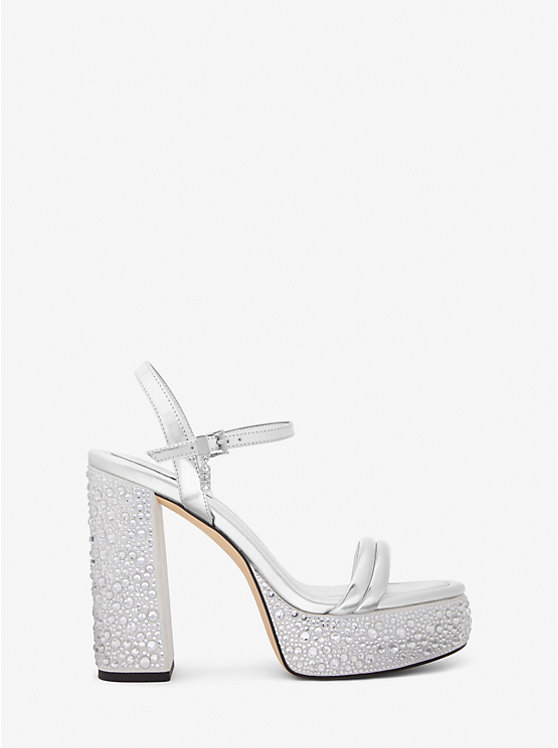 Michael Kors Laci Embellished Metallic Leather Platform Women Sandals SILVER | USAGSU1905